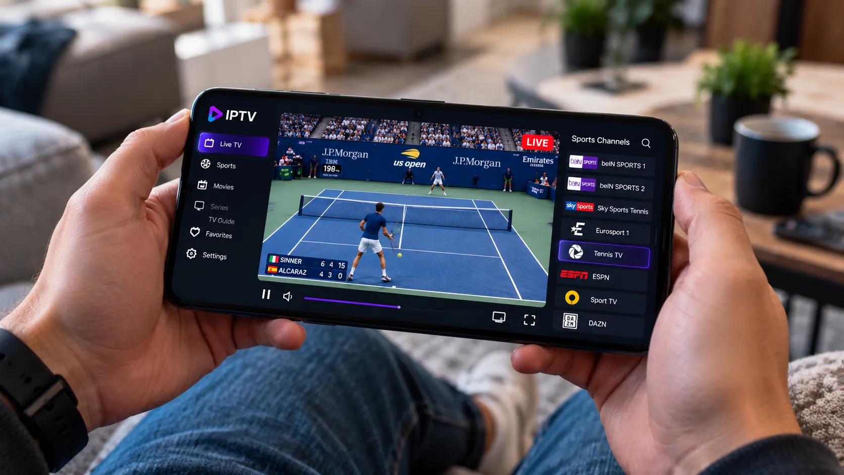 IPTV channels guide showing live sport options on a Smart TV